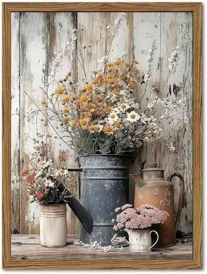 Wood Framed Farmhouse Vintage Canvas Wall Art, Rustic Floral Daisy Pictures Wall Decor Paintings, Country Flower Artwork Poster Prints for Living Room Kitchen Bedroom Bathroom 16x24 inch