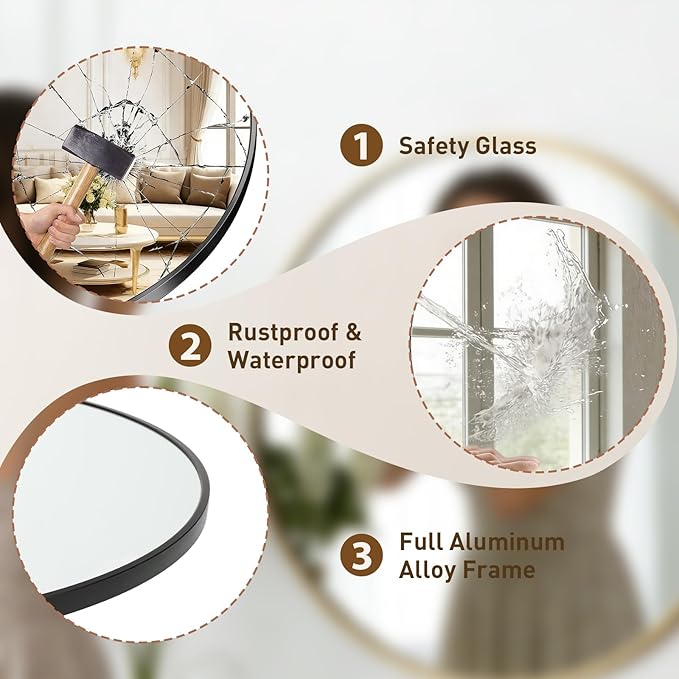 NEWBULIG 20 Inch Round Wall Mirror, Bathroom Mirror for Over Sink, Matte Metal Framed Circle Vanity Mirror, Wall Decor for Bedroom, Entryway, Anti-Rust, Tempered Glass, Hanging or Leaning, Black