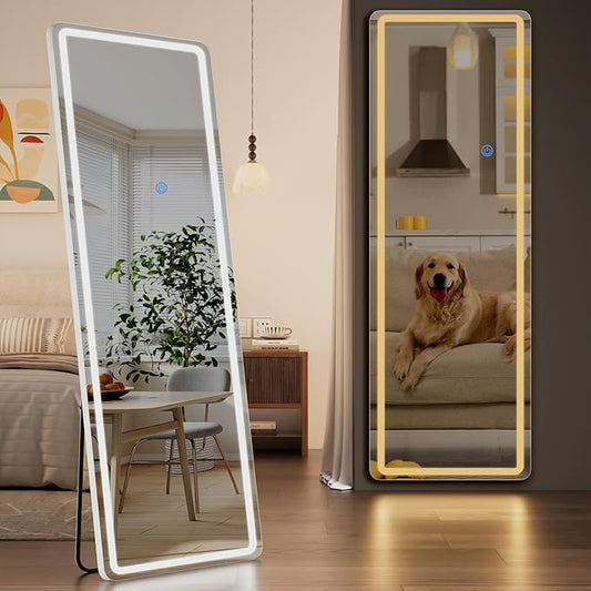 Koonmi Full Length Mirror with LED Lights, 68"x26" Lighted Mirror with Dimming & 3 Color Lighting, Big Mirror for Bedroom, Dressing Room, Rectangle,White