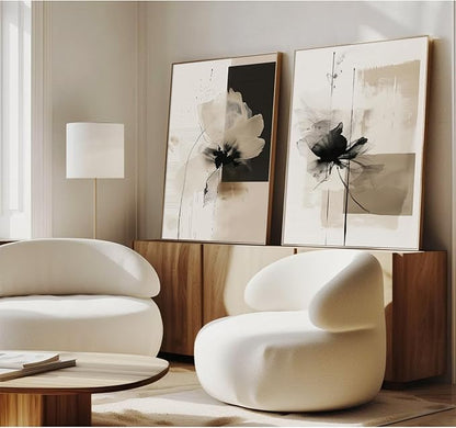 Modern Abstract Floral Wall Art Minimalist Neutral Canvas Painting Decor Beige Cream And Black Wall Art Contemporary Flower Picture Prints for Living Room Bedroom 12x16 Inch Unframed Set of 2