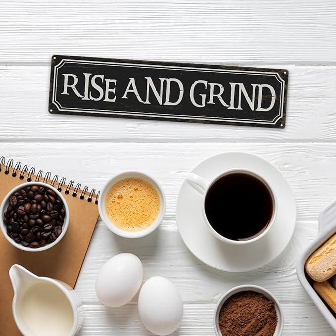 Coffee Decor Signs, Rise and Grind Sign, Retro Metal Tin Sign, Coffee Home Decor for Kitchen, Cafe Decoration, Coffees Station Decors, Decorative Metal Wall Signs 15.8x4 Inches