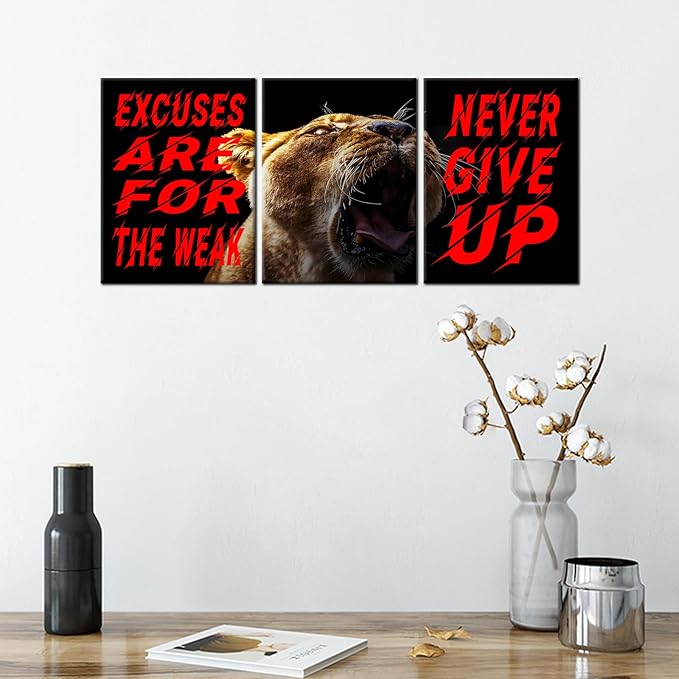 Inspirational Quotes Excuses Are for the Weak Motivational Wall Art Never Give up Poster Painting 3 Pieces Canvas Print Framed for Office Decoration Ready to Hang [36''W X 16''H]
