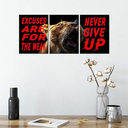 Inspirational Quotes Excuses Are for the Weak Motivational Wall Art Never Give up Poster Painting 3 Pieces Canvas Print Framed for Office Decoration Ready to Hang [36''W X 16''H]
