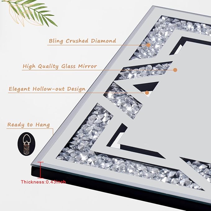 2 Piece Rectangular Hollow Crushed Diamond Decorative Mirror, Silver Crushed Diamond Mirror Decor Wall for Living Room Bedroom Bathroom (11”x15”)