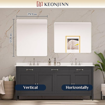 Keonjinn 30 x 36 Brushed Nickel Bathroom Mirrors for Over Sink, Rounded Rectangle Bathroom Vanity Mirror, Brushed Silver Framed Farmhouse Mirror, HD Tempered Glass Wall Mirror(Horizontal/Vertical)