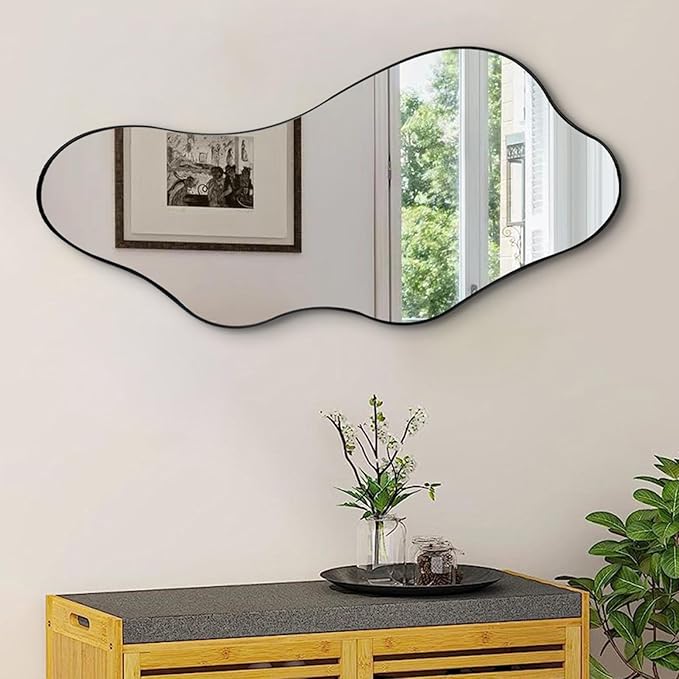 Irregular Wall Mirror, 40"x18" Asymmetrical Mirrors with Metal Frame, Modern Organic Shape Mirrors for Living Room Bedroom Hallway Entryway, Horizontal or Vertical Hanging