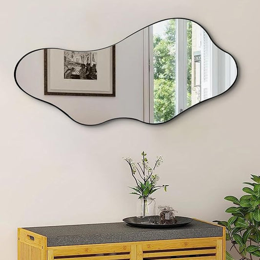 Irregular Wall Mirror, 40"x18" Asymmetrical Mirrors with Metal Frame, Modern Organic Shape Mirrors for Living Room Bedroom Hallway Entryway, Horizontal or Vertical Hanging