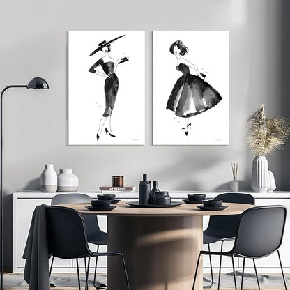 2 Pieces Fashion Women Canvas Wall Art Trendy Models Painting Black and White Funky Poster Pictures Framed Artwork for Bedroom Bathroom Makeup Room Decor 12"x16" (30cmx40cm)