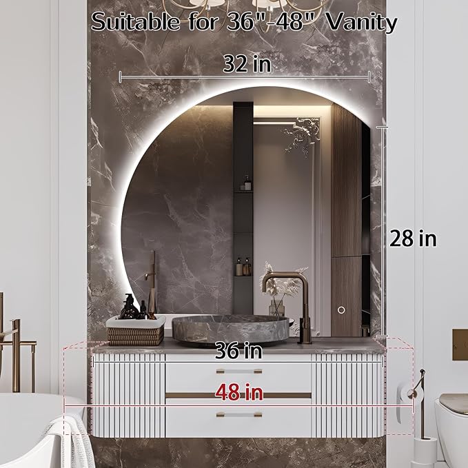 Niccy 32" LED Bathroom Mirror with Lights, Half Moon Led Mirrors, Irregular Backlit Mirrors for Entryway, Anti-Fog, Dimmable, Makeup Mirror, Explosion Proof, Round Lighted Vanity Mirrors, White Light