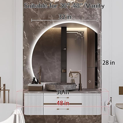 Niccy 32" LED Bathroom Mirror with Lights, Half Moon Led Mirrors, Irregular Backlit Mirrors for Entryway, Anti-Fog, Dimmable, Makeup Mirror, Explosion Proof, Round Lighted Vanity Mirrors, White Light