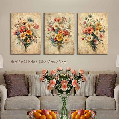 KISSFOX Framed Colorful Wildflower Canvas Wall Art Set Of 3 Flowers Pictures Prints Flowers Printing Floral Watercolors Flower wall Decor Living Room Girls Bedroom Bathroom