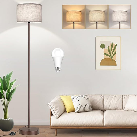 65‘’ Simple Design Floor Lamp with 3CCT 9W LED Bulb, Modern Industrial Standing Lamp for Living Room with Foot Switch, Tall Lamp with Drum Shade, Stand Up Floor Light for Study Bedroom Office, Brown