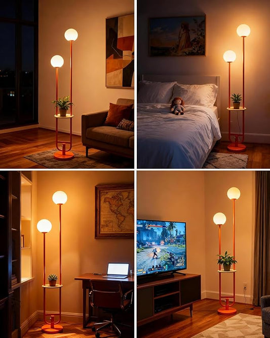 Lightdot 63IN Orange Floor Lamp 2 Globe Mid Century Standing Lamps with Bulbs Included Unique Vintage Dimmable Tall Floor Lamp with 5Lbs Heavy Base for Living Room/Wedding/Sofa Beside/Corner Decor