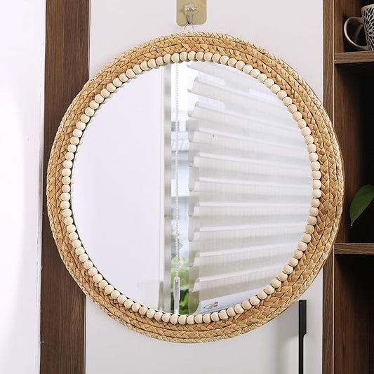 21 Inch Boho Round Hanging Wall Mirror Decorative Rattan Circle Wall Mounted Mirror for Farmhouse, Living Room, Bedroom, Bathroom