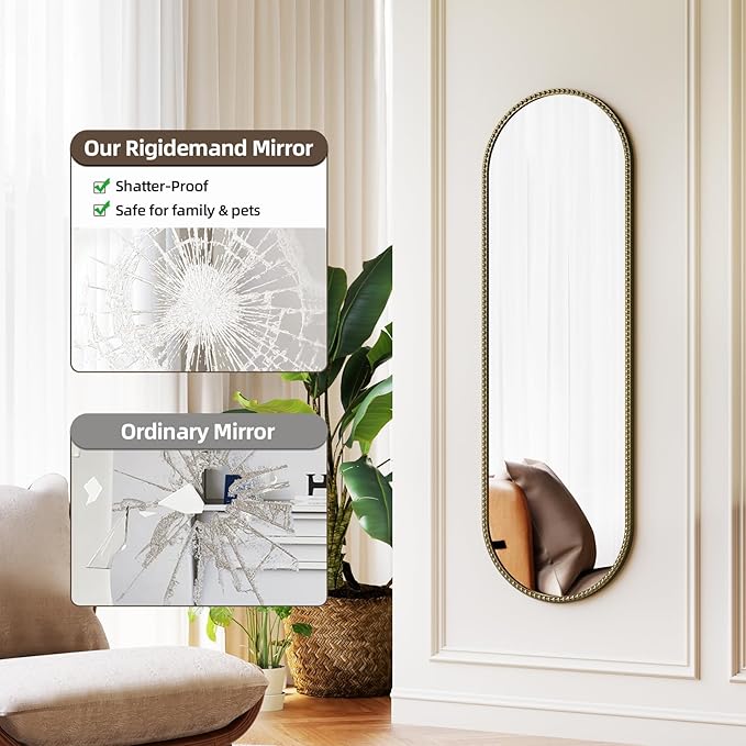 Champagne Bronze Bathroom Mirror, 16x48 Inch Vintage Gold Beaded Oval Full Length Mirrors, Antique Brass Decorative Mirror for Living Room, Bedroom, Entryway, Fireplace