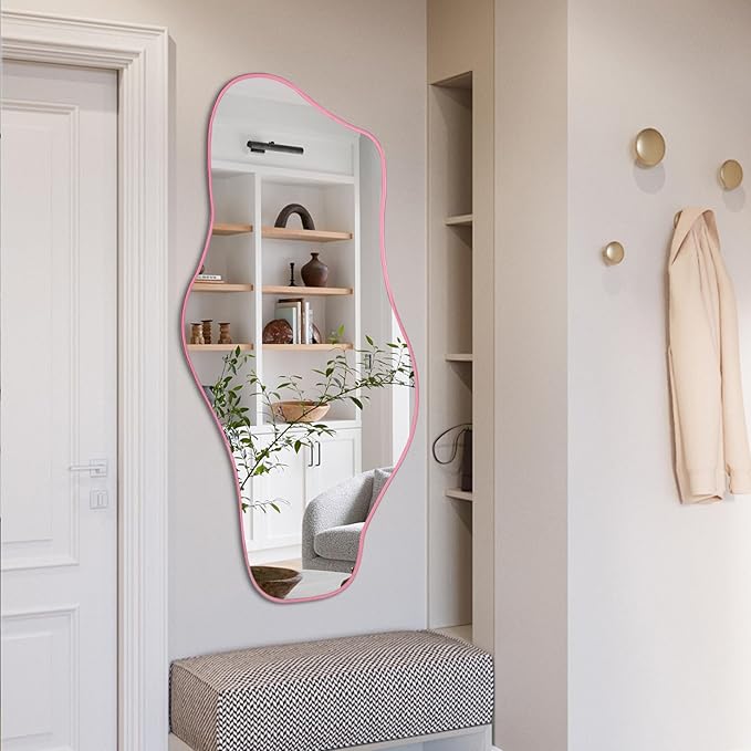 Large Irregular Mirror, 54.5"x24" Asymmetrical Tempered Glass Mirror, Pink Modern Organic Frameless Mirrors for Living Room Bedroom Hallway Entryway, Horizontal or Vertical Hanging