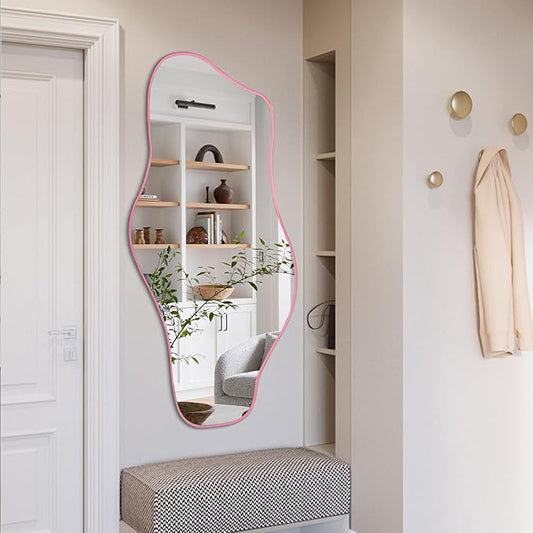 Large Irregular Mirror, 54.5"x24" Asymmetrical Tempered Glass Mirror, Pink Modern Organic Frameless Mirrors for Living Room Bedroom Hallway Entryway, Horizontal or Vertical Hanging