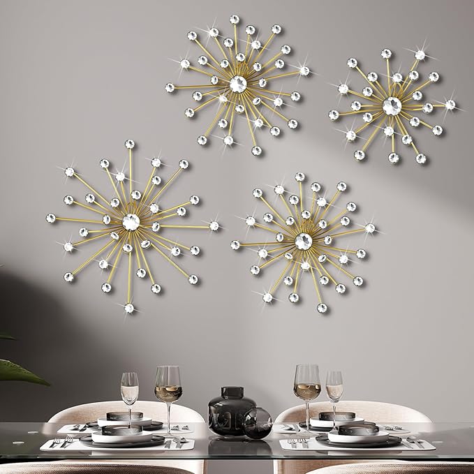 Funnymoom 4 Pcs Gold Starburst Wall Decor Metal Bling Wall Art Gold Crystal Sparkling Rhinestones Bling Decorative Hanging Diamond for Living Room Bedroom Home Office