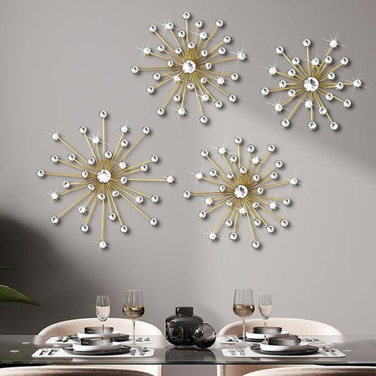 Funnymoom 4 Pcs Gold Starburst Wall Decor Metal Bling Wall Art Gold Crystal Sparkling Rhinestones Bling Decorative Hanging Diamond for Living Room Bedroom Home Office