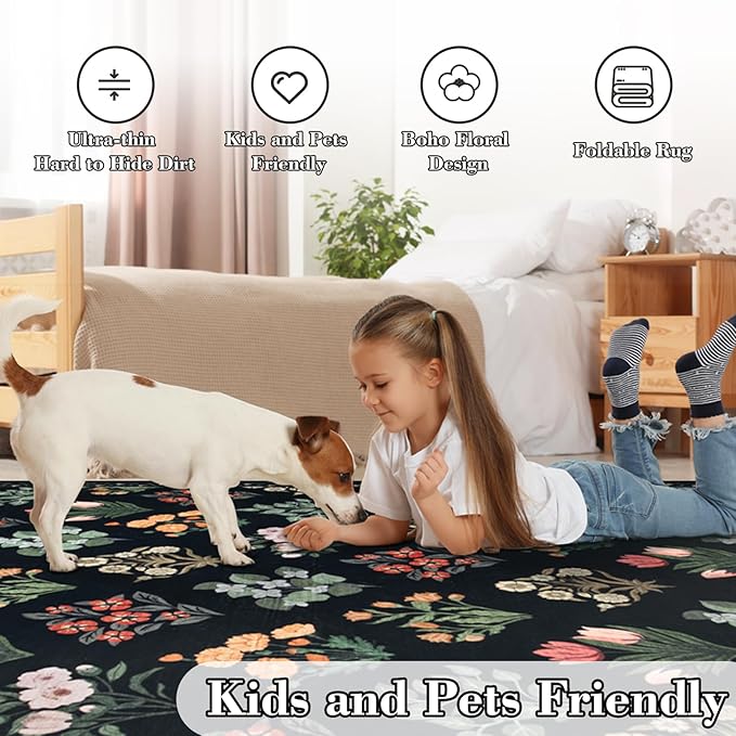 Wonnitar Washable 3x5 Area Rug, Floral Print Rugs for Entryway Indoor, Stain Resistant Moroccan Trellis Small Throw Carpet for Kitchen Laundry Dorm Office, Black/Multi