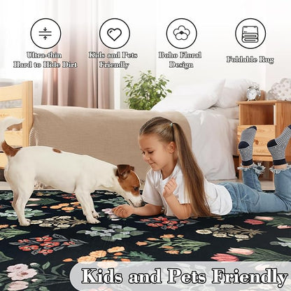 Wonnitar Floral Print 8x10 Washable Rug, Non Slip Black Dining Room Rug, Moroccan Large Stain Resistant Low Pile Indoor Carpet for Bedroom Playroom Home Decor, Black/Multi