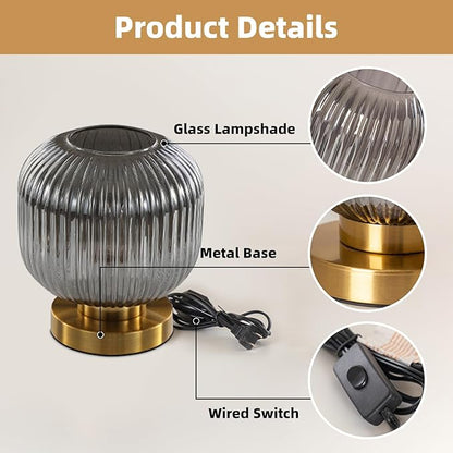 Bedside Table Lamp with Glass Shade, Small Nightlight Lamp Elegant Nightstand Lamp Modern Desk Lamp with Plug-in Style for Bedroom Living Room Tabletop,Smoky Gray, Dia7.9 x H8.7