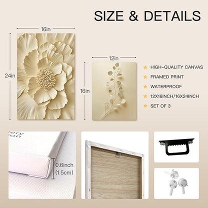 GELDSTEI Neutral Beige Floral Canvas Wall Art, Modern Minimalist Botanical Wall Decor, Vintage Beige Elegant Flower Poster Prints for Living Room Bedroom Framed Set of 3, Each 16x24 Inch