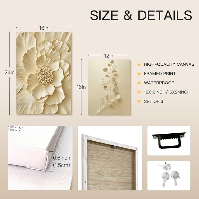 GELDSTEI Neutral Beige Floral Canvas Wall Art, Modern Minimalist Botanical Wall Decor, Vintage Beige Elegant Flower Poster Prints for Living Room Bedroom Framed Set of 3, Each 12x16 Inch