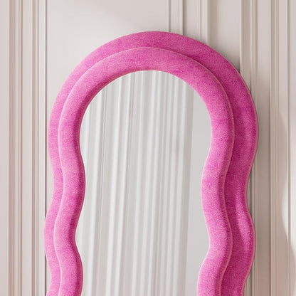 Rowjut Full Length Mirorr, 63"x24" Mirrors Full Length, Irregular Wavy/Wall Mounted/Standing Floor Mirror with Flannel, Body Mirorr Hanging or Leaning Against Wall for Bedroom (Pink)