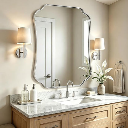 ANDY STAR 36x48 Chrome Bathroom Mirror, Large Decorative Scalloped Shape Wall Mirror with Stainless Steel Frame, Modern Wave-Edge Design for Vanity, Hallway, Lounge Decor