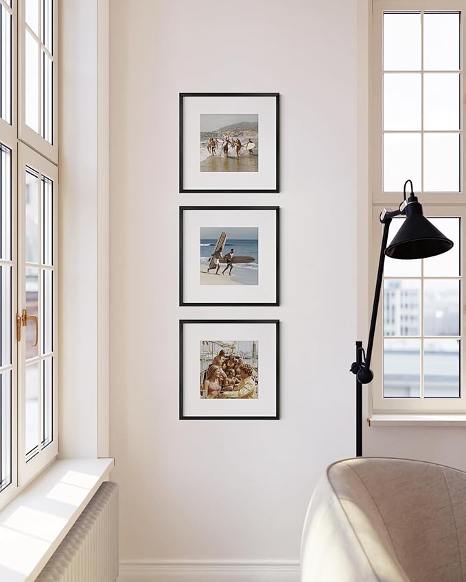 HAUS AND HUES 12x12 Black Metal Picture Frames Matted to 8x8 - Features Premium Aluminum & Hanging Hardware, Shatterproof Plexiglass - Ideal for Home, Room, Office (12x12 in, Black, Set of 3)