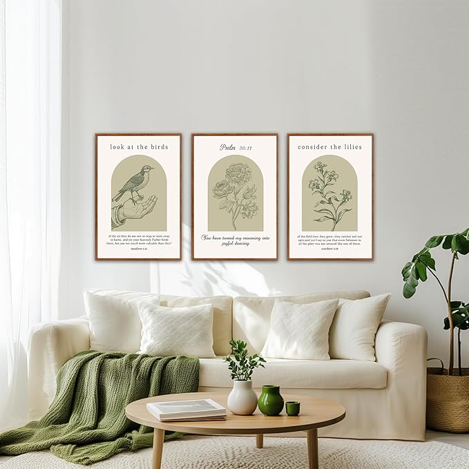 KAlRNE Sage Green Bible Verse Wall Art Set of 3, Framed Vintage Scripture Prints, Religious Birds and Lilies Decor, Green Christian Gallery Artwork for Living Room Bedroom Office