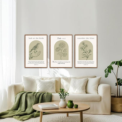KAlRNE Sage Green Bible Verse Wall Art Set of 3, Framed Vintage Scripture Prints, Religious Birds and Lilies Decor, Green Christian Gallery Artwork for Living Room Bedroom Office