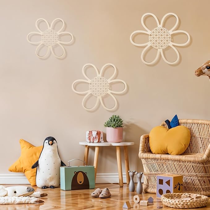 HJZHII 3 Pcs Boho Daisy Wall Decor, Daisy Flower Wall Hanging Pendant Boho Wooden Flower Decors Nursery Art Sign Decor for Home Bedroom Farmhouse Bathroom Office Housewarming Gifts