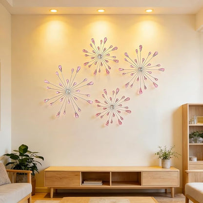 ZEXUIRU 4 Pcs Pink Starburst Wall Decor Metal Bling Wall Art Crystal Accents 3D Modern Decoration Glam Hanging Sculptures for Living Room Bedroom Office Teen Girl Room – Easy to Hang Home Decor Set