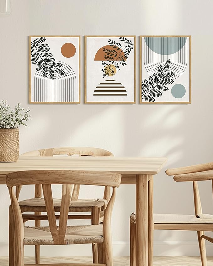 PHOPAGO Summer Boho Wall Art Botanical Modern Framed Wall Prints Abstract Neutral Geometric Prints Bohemain Plants Decor for Farmhouse Hallway - 12x16in Natural Framed
