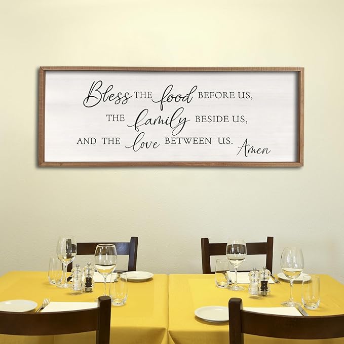 Bless the Food Before Us Wall Decor Sign 40" X 15" Dining Room Wall Decor Framed Wood for Large Farmhouse Vintage Prayer Catholic Kitchen Wall Hanging Scripture Bible Verse Art (Wood)