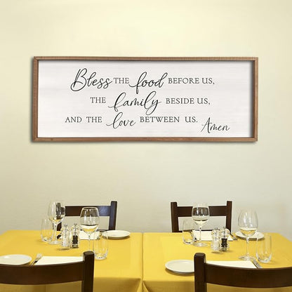 Bless the Food Before Us Wall Decor Sign 40" X 15" Dining Room Wall Decor Framed Wood for Large Farmhouse Vintage Prayer Catholic Kitchen Wall Hanging Scripture Bible Verse Art (Wood)