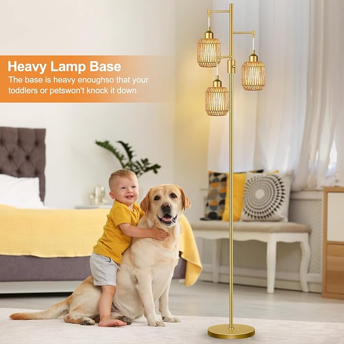 ZECOXOL Boho Floor Lamp for Living Room Bedroom-3 Light Dimmable Floor Lamp with Three Led Bulb, Rustic Tall Lamp Black Standing Lamp Tree Floor Lamps for Living Room