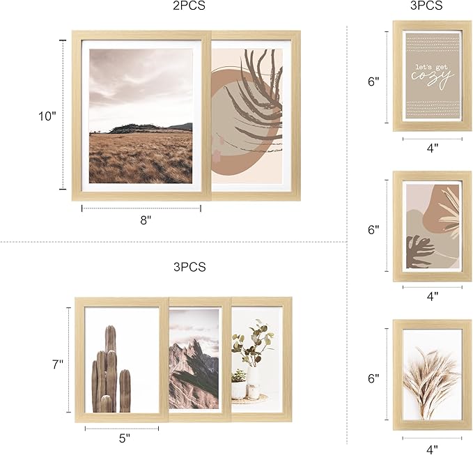 ArtbyHannah Gallery Wall Frame Set,Beige Picture Frames Collage Wall Decor with Neutural Art for Living Room Stariway,8 Pack Assorted Size 8"x10",5"x7",4"x6", Small