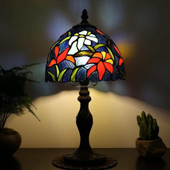 Tiffany Style Lamp Stained Glass Table Lamp 8" x 14.5" Mini Accent Light Irises Design Small Decorative Bedside Memory Lamp