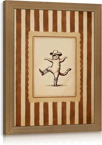 Cyebmo Western Cowboy Cat Wall Art, Funny Dancing Cat in Boots Decor, Vintage Rustic Farmhouse Animal Poster Print, Whimsical Country Western Artwork for Bedroom Living Room Wood Framed 12x16 Inch