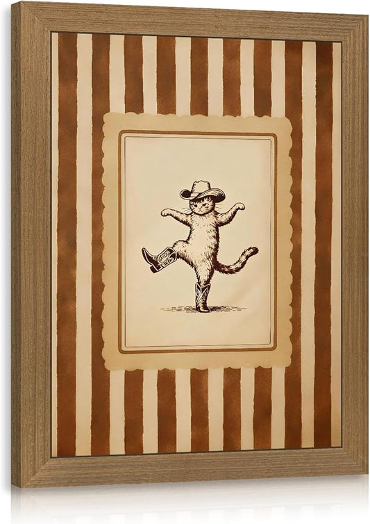 Cyebmo Western Cowboy Cat Wall Art, Funny Dancing Cat in Boots Decor, Vintage Rustic Farmhouse Animal Poster Print, Whimsical Country Western Artwork for Bedroom Living Room Wood Framed 12x16 Inch