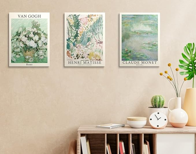 MINI ZOZI Sage Green Canvas Wall Art Set Of 3 Matisse Van Gogh Monet Flower Prints 12x16 Wall Decor Large Mid Century Modern Aesthetic Over Bed Poster Painting Master Bedroom Living Room