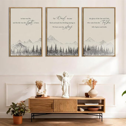 IARTTOP Extra Large Christian Bible Verse Framed Wall Art 24x36 Inch Set of 3 Easter Jesus Catholic Biblical Scripture Canvas Wall Decor Minimalist Grey Mountain Landscape Prints for Living room Dining room