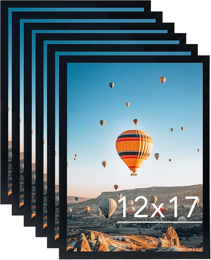 JCJMY 12x17 Black Picture Frame Set of 6, Horizontal and Vertical Formats for Wall Hanging, 12 x 17 Wall Gallery Poster Photo Frames with Durable Shatter Resistant Plexiglass, 6 Pack, Black