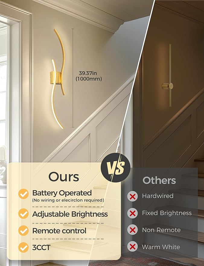 DORESshop Battery Operated Wall Sconces Set of 2, Modern Wireless Rechargeable Wall Lights with Stepless Dimming,3000k-6000K, Sconce Wall Decor for Living Room, Hallway, Bedroom, Gold 39in