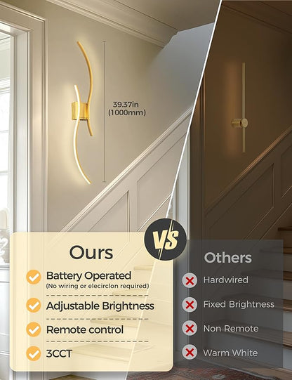 DORESshop Battery Operated Wall Sconces Set of 2, Modern Wireless Rechargeable Wall Lights with Stepless Dimming,3000k-6000K, Sconce Wall Decor for Living Room, Hallway, Bedroom, Gold 39in