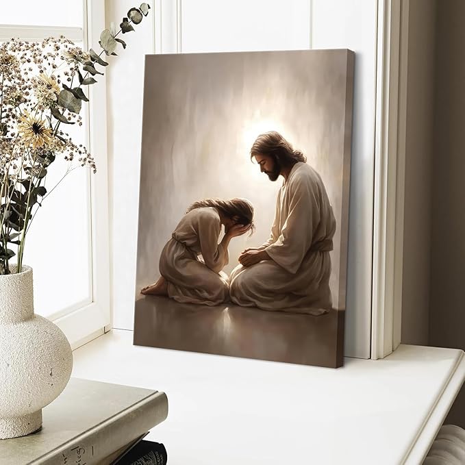 Jesus and Woman Canvas Wall Art Christian Repentance and Forgiveness Painting picture Wall Decor religion Bible Stories Poster Print Artwork for Church LDS bedroom Living Home Decor 12x16 in Canvas