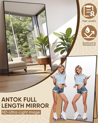 Antok Full Length Mirror, 76"x44" Floor Mirror, Floor Standing Freestanding Full Body Mirror with Stand for Bedroom, Hanging Mounted for Living Room Cloakroom, Black